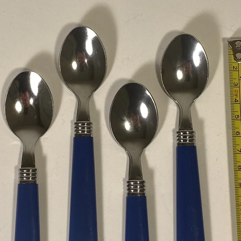 Bright Handle Silverware Spoons Blue Stainless Steel 6 inches Lot Of 4